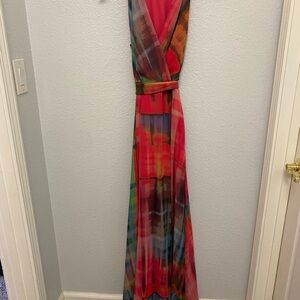 Leslie Fay Red and Black Sleeveless V-Neck Maxi Dress